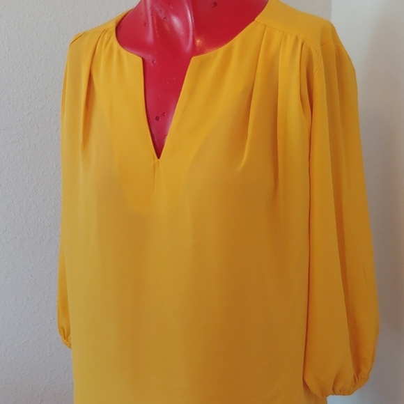 Pleione Tops - Pleione Sunny Yellow Women's Pleated V-Neck Blouse 3/4 Sleeves Size Small